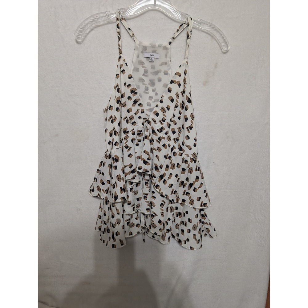 Fate Womens Abstract Animal Print Tiered Ruffle Camisole V-Neck Peplum Top Small